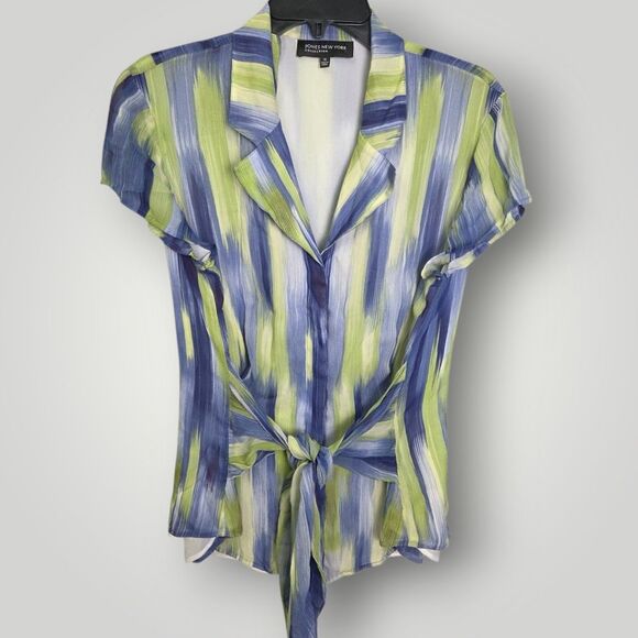 Jones New York Silk Tie Front Blouse Watercolor Stripe Green Blue Size 14 - Picture 2 of 7
